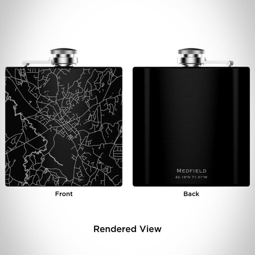 Rendered View of Medfield Massachusetts Map on 6oz Stainless Steel Flask in Black