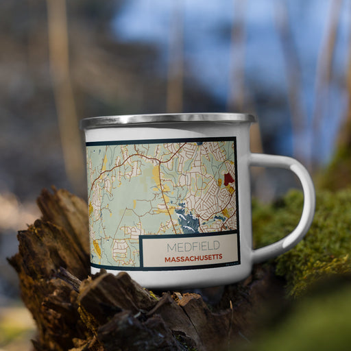 Right View Custom Medfield Massachusetts Map Enamel Mug in Woodblock on Grass With Trees in Background