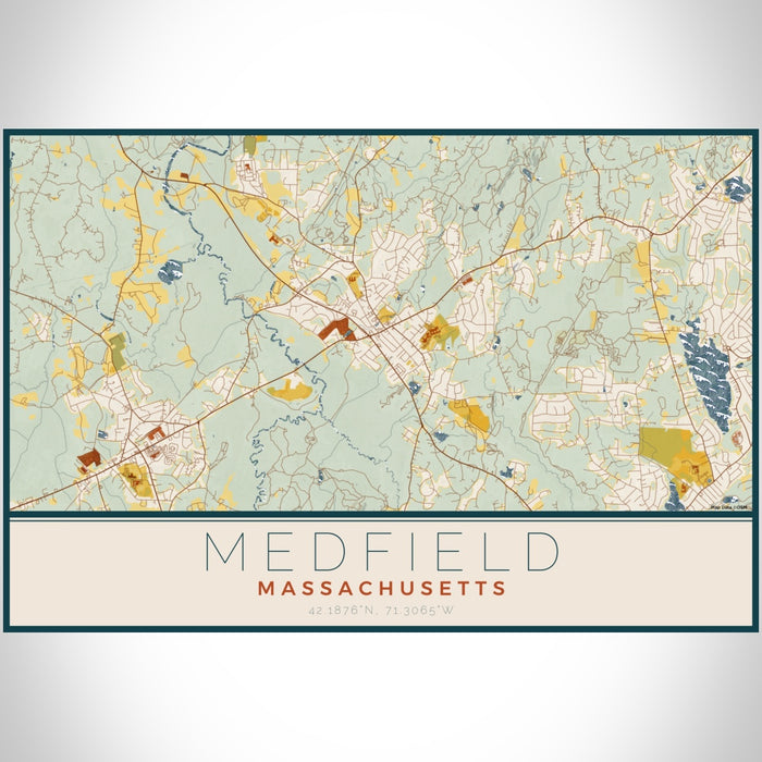 Medfield Massachusetts Map Print Landscape Orientation in Woodblock Style With Shaded Background