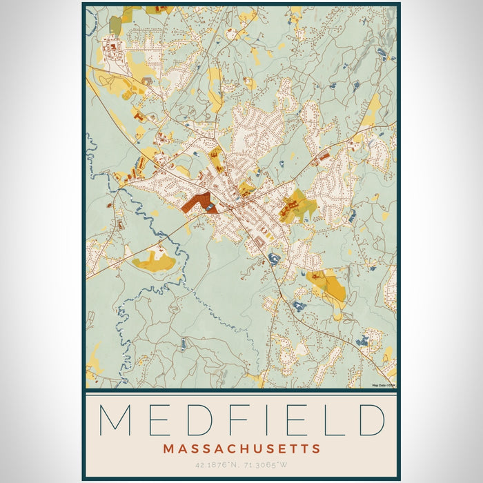 Medfield Massachusetts Map Print Portrait Orientation in Woodblock Style With Shaded Background