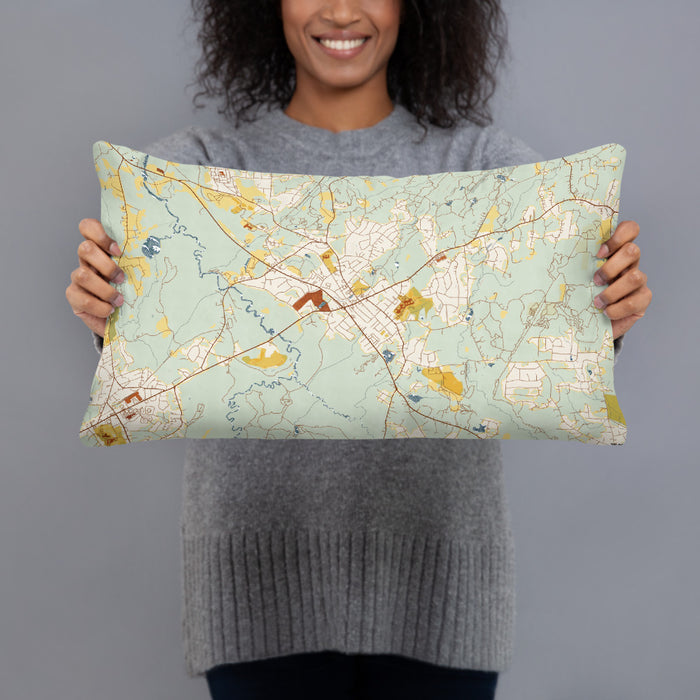 Person holding 20x12 Custom Medfield Massachusetts Map Throw Pillow in Woodblock