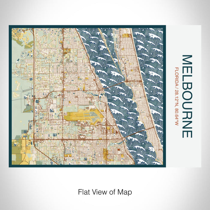 Rendered View of Melbourne Florida Map on 20oz Stainless Steel Insulated Bottle with Bamboo Top with printed woodblock style map