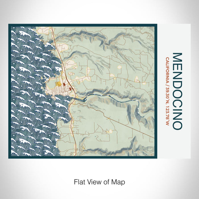 Rendered View of Mendocino California Map on 20oz Stainless Steel Insulated Bottle with Bamboo Top with printed woodblock style map