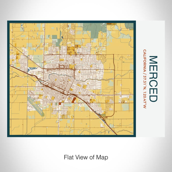 Rendered View of Merced California Map on 20oz Stainless Steel Insulated Bottle with Bamboo Top with printed woodblock style map
