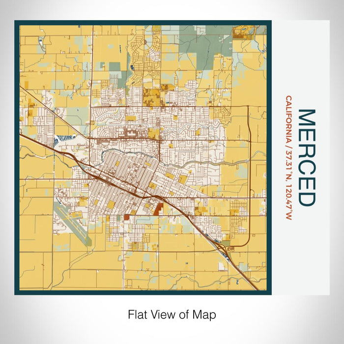Rendered View of Merced California Map on 17oz Stainless Steel Insulated Tumbler in Woodblock Map Style