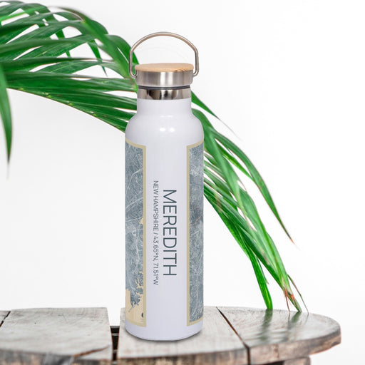 Meredith New Hampshire Custom City Map Inscription Coordinates on 20oz Stainless Steel Insulated Bottle with Bamboo Top with printed afternoon style map