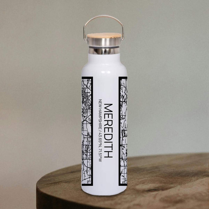 Meredith New Hampshire Custom City Map Inscription Coordinates on 20oz Stainless Steel Insulated Bottle with Bamboo Top in Matte White with printed Tactile Lines Map in Black