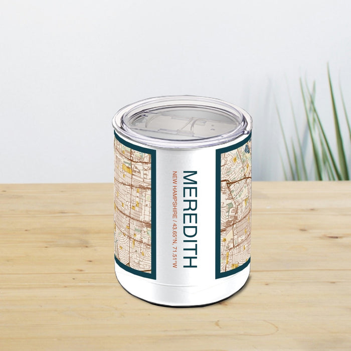 Meredith New Hampshire Custom City Map Inscription Coordinates on 10oz Stainless Steel Insulated Cup in Woodblock with Sliding Lid