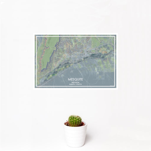 12x18 Mesquite Nevada Map Print Landscape Orientation in Afternoon Style With Small Cactus Plant in White Planter