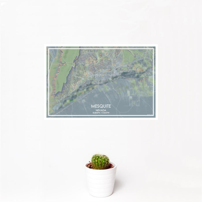 12x18 Mesquite Nevada Map Print Landscape Orientation in Afternoon Style With Small Cactus Plant in White Planter