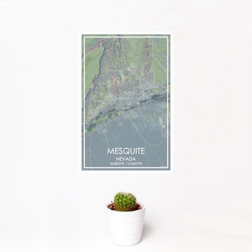 12x18 Mesquite Nevada Map Print Portrait Orientation in Afternoon Style With Small Cactus Plant in White Planter