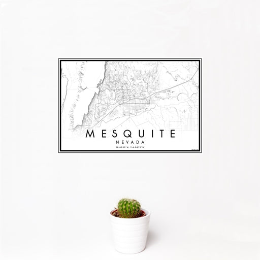 12x18 Mesquite Nevada Map Print Landscape Orientation in Classic Style With Small Cactus Plant in White Planter