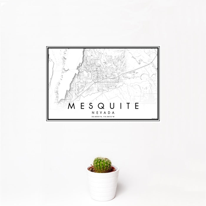 12x18 Mesquite Nevada Map Print Landscape Orientation in Classic Style With Small Cactus Plant in White Planter