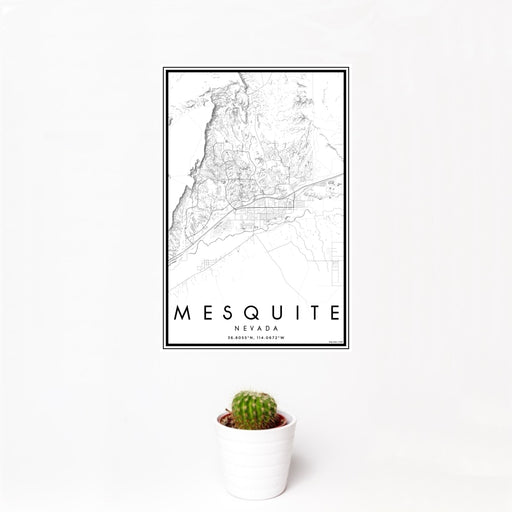 12x18 Mesquite Nevada Map Print Portrait Orientation in Classic Style With Small Cactus Plant in White Planter