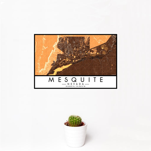 12x18 Mesquite Nevada Map Print Landscape Orientation in Ember Style With Small Cactus Plant in White Planter