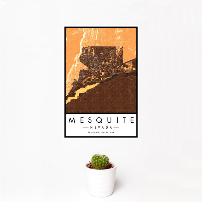 12x18 Mesquite Nevada Map Print Portrait Orientation in Ember Style With Small Cactus Plant in White Planter