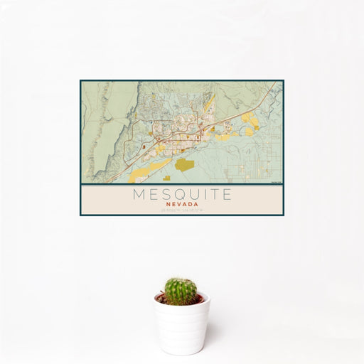 12x18 Mesquite Nevada Map Print Landscape Orientation in Woodblock Style With Small Cactus Plant in White Planter
