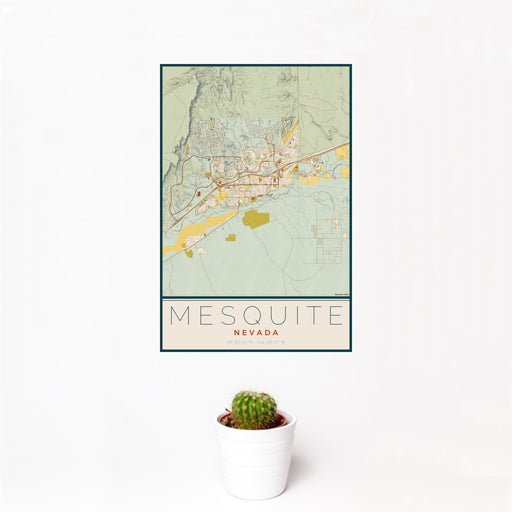 12x18 Mesquite Nevada Map Print Portrait Orientation in Woodblock Style With Small Cactus Plant in White Planter