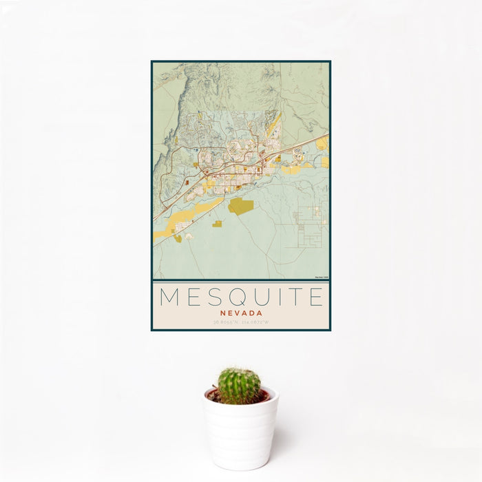 12x18 Mesquite Nevada Map Print Portrait Orientation in Woodblock Style With Small Cactus Plant in White Planter