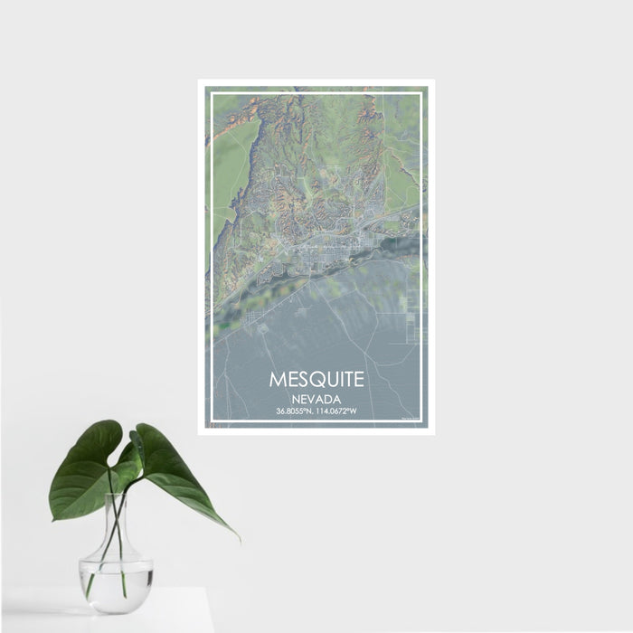 16x24 Mesquite Nevada Map Print Portrait Orientation in Afternoon Style With Tropical Plant Leaves in Water