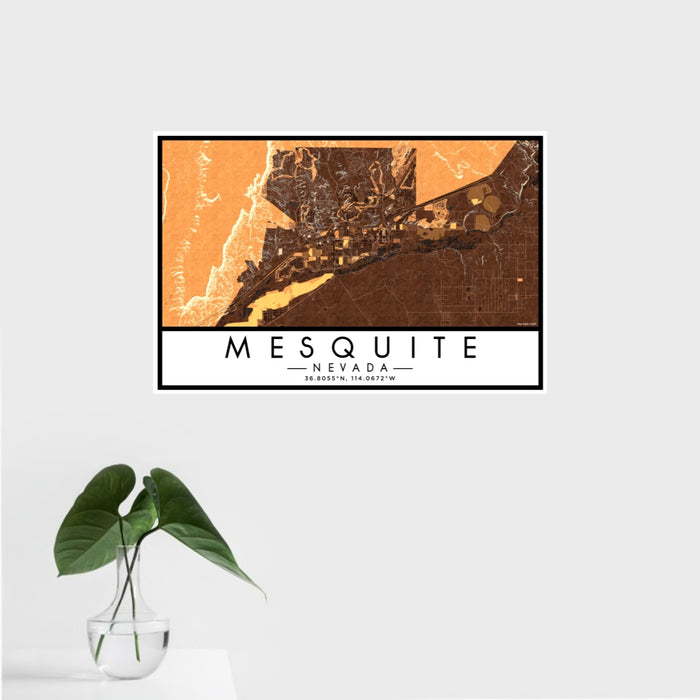 16x24 Mesquite Nevada Map Print Landscape Orientation in Ember Style With Tropical Plant Leaves in Water