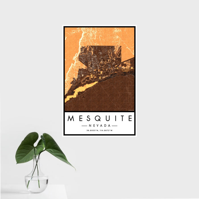 16x24 Mesquite Nevada Map Print Portrait Orientation in Ember Style With Tropical Plant Leaves in Water