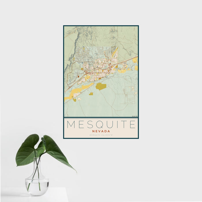 16x24 Mesquite Nevada Map Print Portrait Orientation in Woodblock Style With Tropical Plant Leaves in Water