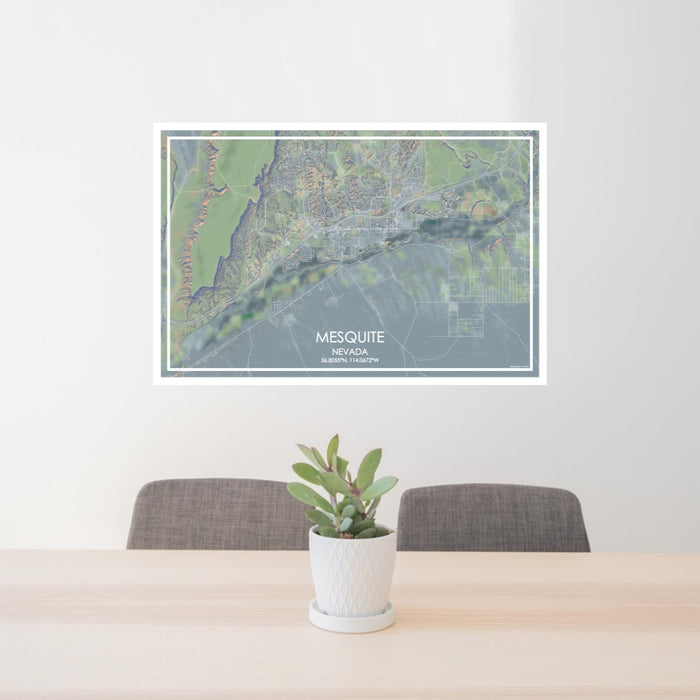 24x36 Mesquite Nevada Map Print Lanscape Orientation in Afternoon Style Behind 2 Chairs Table and Potted Plant