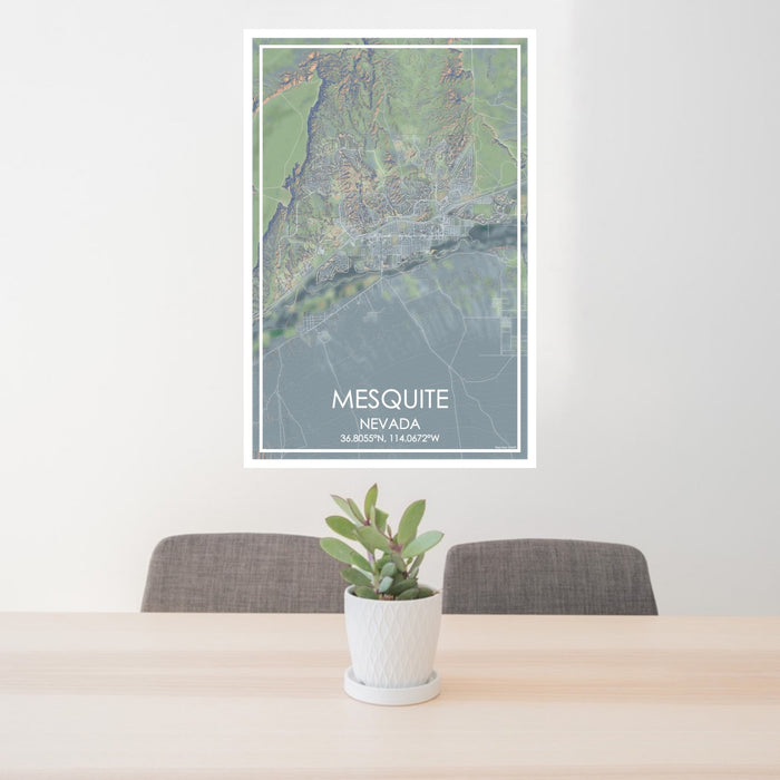 24x36 Mesquite Nevada Map Print Portrait Orientation in Afternoon Style Behind 2 Chairs Table and Potted Plant