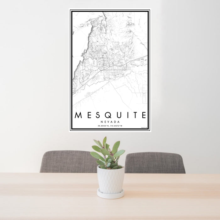 24x36 Mesquite Nevada Map Print Portrait Orientation in Classic Style Behind 2 Chairs Table and Potted Plant