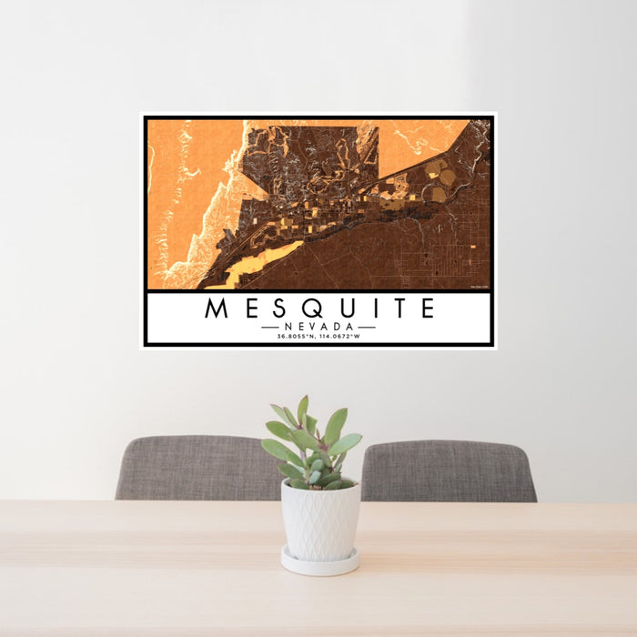 24x36 Mesquite Nevada Map Print Lanscape Orientation in Ember Style Behind 2 Chairs Table and Potted Plant