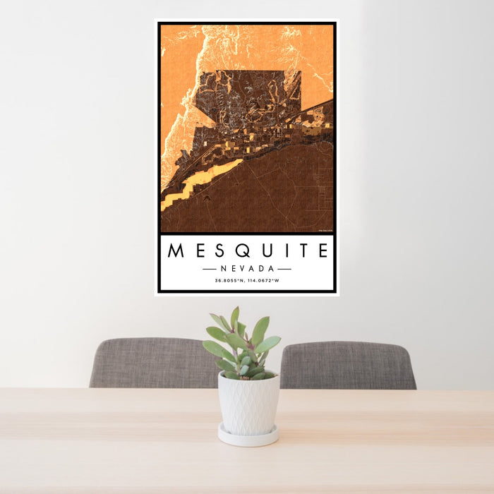 24x36 Mesquite Nevada Map Print Portrait Orientation in Ember Style Behind 2 Chairs Table and Potted Plant