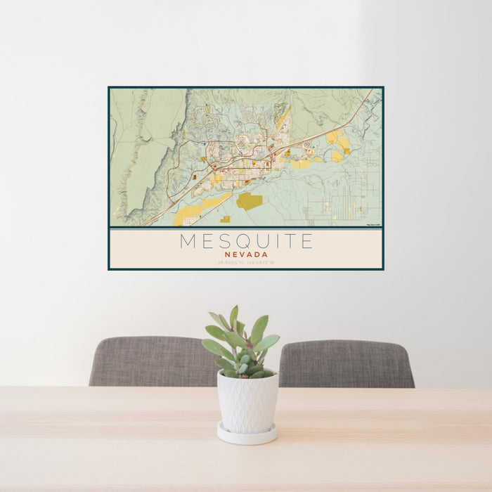 24x36 Mesquite Nevada Map Print Lanscape Orientation in Woodblock Style Behind 2 Chairs Table and Potted Plant