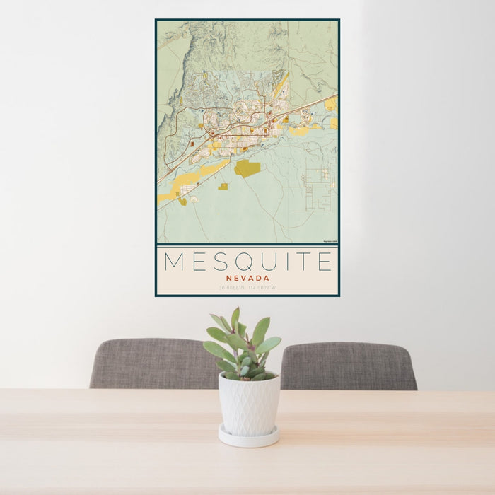 24x36 Mesquite Nevada Map Print Portrait Orientation in Woodblock Style Behind 2 Chairs Table and Potted Plant