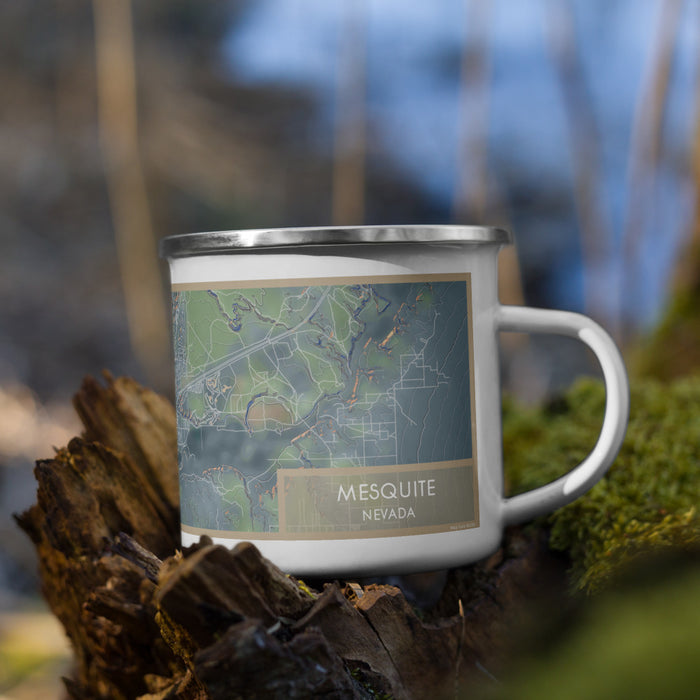 Right View Custom Mesquite Nevada Map Enamel Mug in Afternoon on Grass With Trees in Background