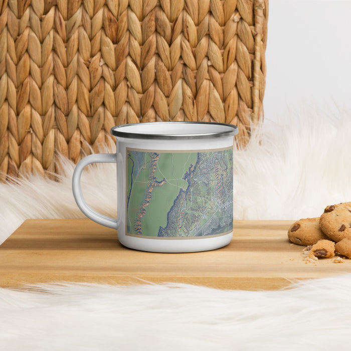 Left View Custom Mesquite Nevada Map Enamel Mug in Afternoon on Table Top