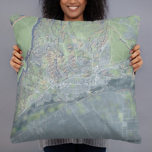 Person holding 22x22 Custom Mesquite Nevada Map Throw Pillow in Afternoon