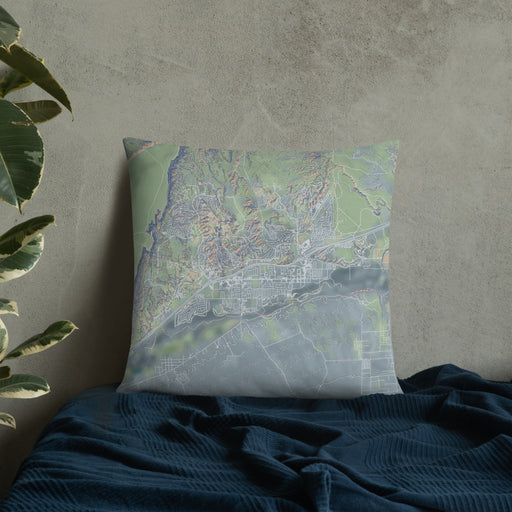 Custom Mesquite Nevada Map Throw Pillow in Afternoon on Bedding Against Wall