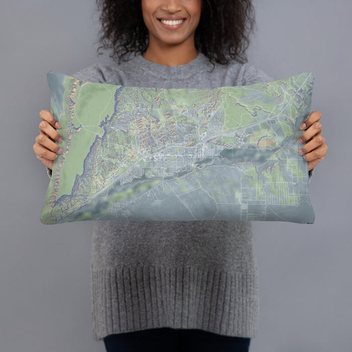 Person holding 20x12 Custom Mesquite Nevada Map Throw Pillow in Afternoon