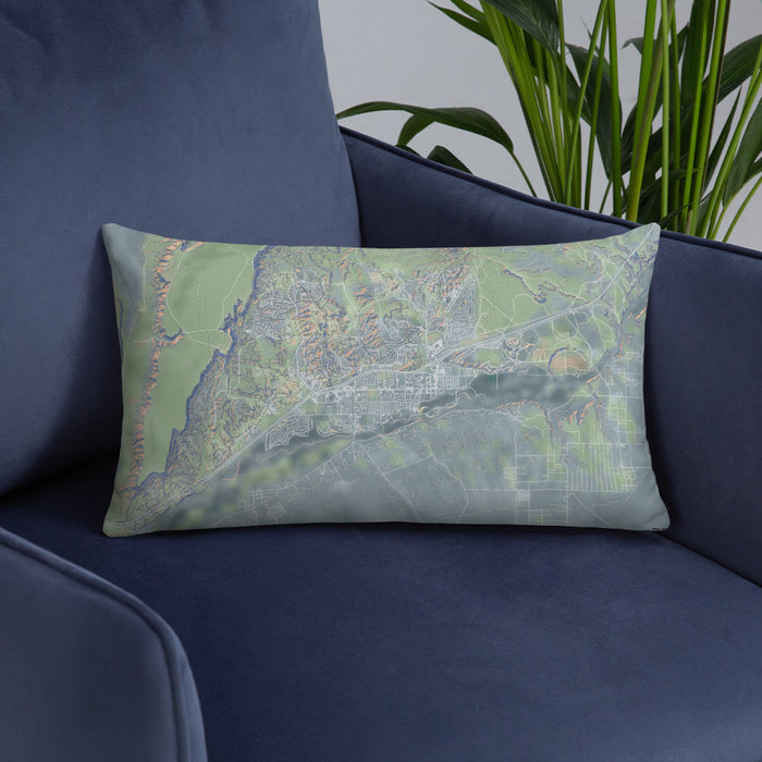 Custom Mesquite Nevada Map Throw Pillow in Afternoon on Blue Colored Chair