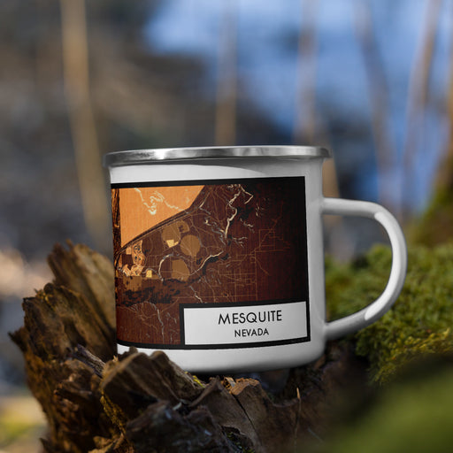 Right View Custom Mesquite Nevada Map Enamel Mug in Ember on Grass With Trees in Background