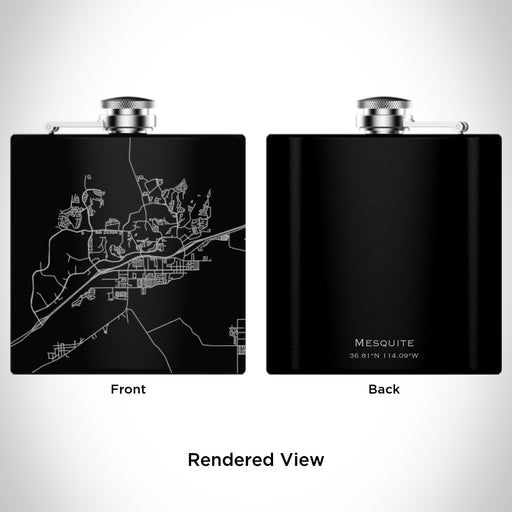 Rendered View of Mesquite Nevada Map Engraving on 6oz Stainless Steel Flask in Black