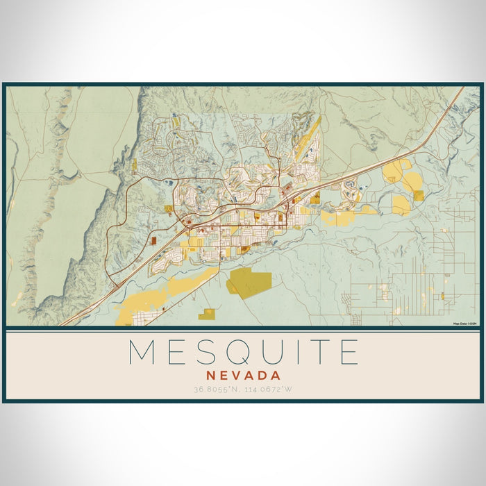 Mesquite Nevada Map Print Landscape Orientation in Woodblock Style With Shaded Background