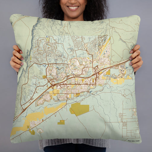 Person holding 22x22 Custom Mesquite Nevada Map Throw Pillow in Woodblock