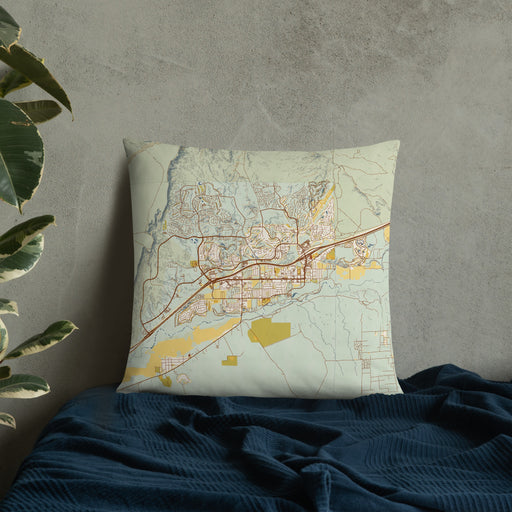 Custom Mesquite Nevada Map Throw Pillow in Woodblock on Bedding Against Wall