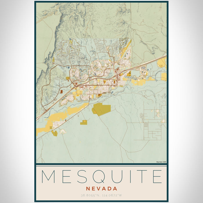 Mesquite Nevada Map Print Portrait Orientation in Woodblock Style With Shaded Background