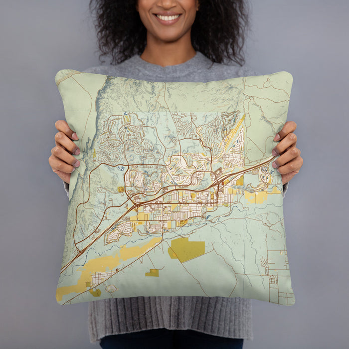 Person holding 18x18 Custom Mesquite Nevada Map Throw Pillow in Woodblock