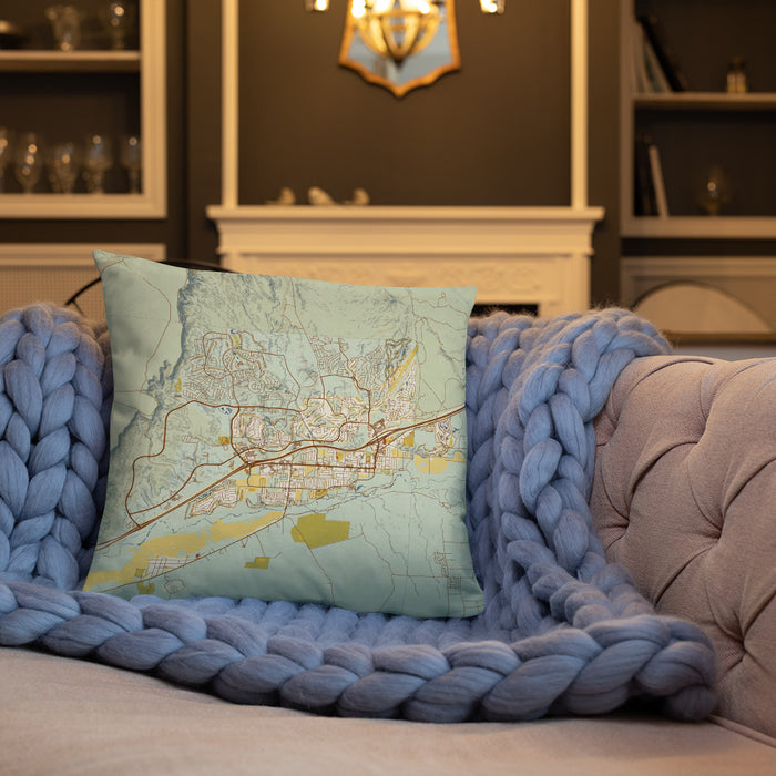 Custom Mesquite Nevada Map Throw Pillow in Woodblock on Cream Colored Couch