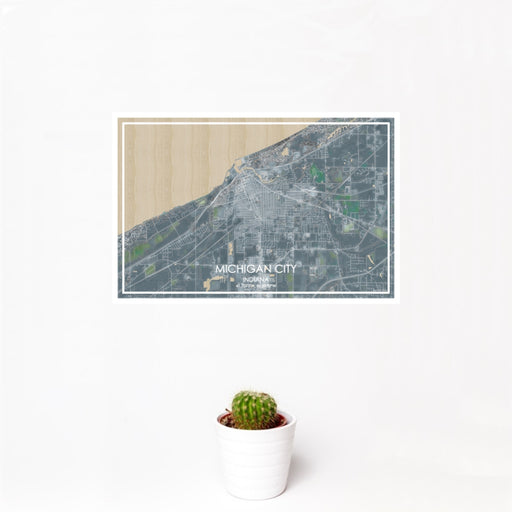 12x18 Michigan City Indiana Map Print Landscape Orientation in Afternoon Style With Small Cactus Plant in White Planter