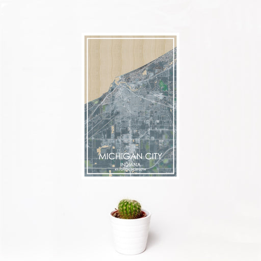 12x18 Michigan City Indiana Map Print Portrait Orientation in Afternoon Style With Small Cactus Plant in White Planter